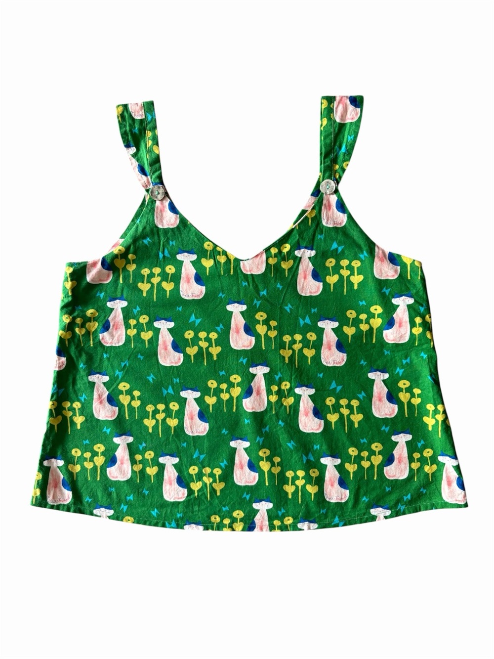Adorable Cat Print Cotton-Linen Sleeveless Top Handmade Kawaii | Size L
